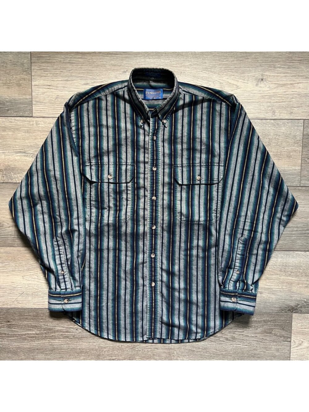 Pendleton Men's S Button Down Flannel Shirt Striped Southwestern Cotton Blue